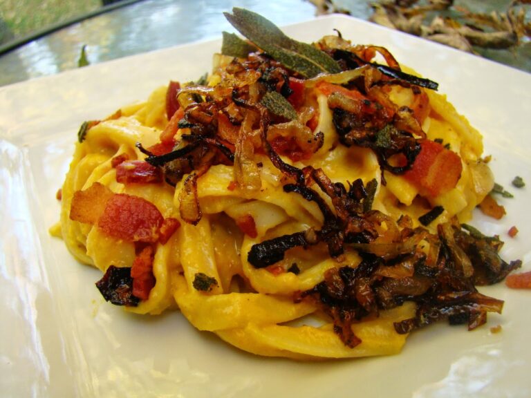 Butternut Squash Carbonara with Caramelized Onions and Fried Sage