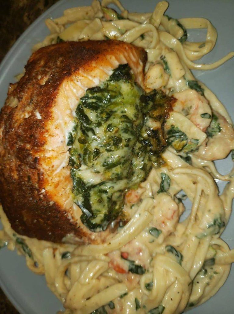 Blackened Salmon stuffed with spinach and parmesan cheese