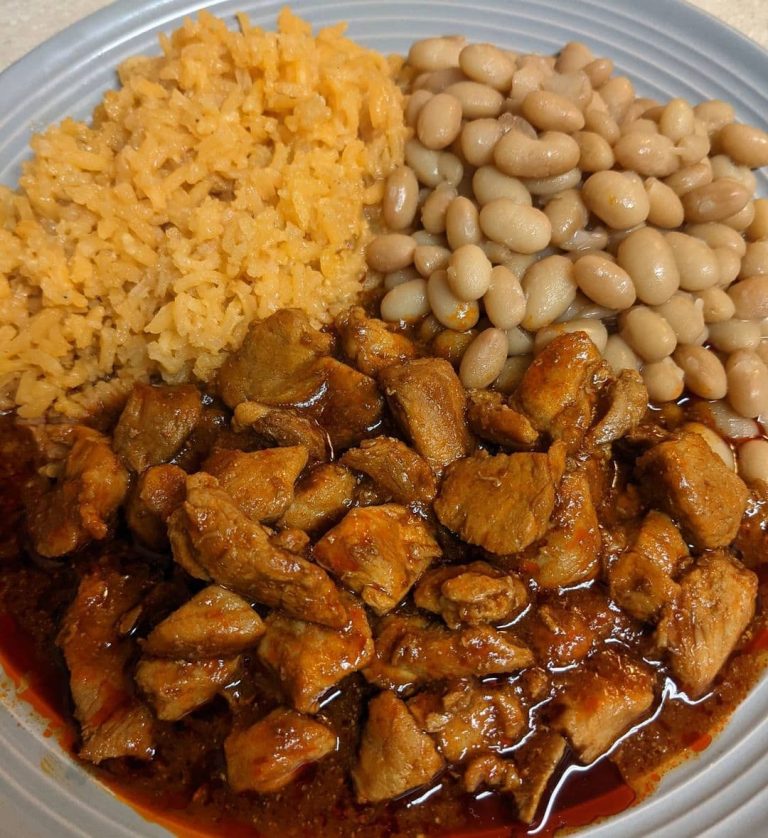 Chile Colorado with rice & beans plate