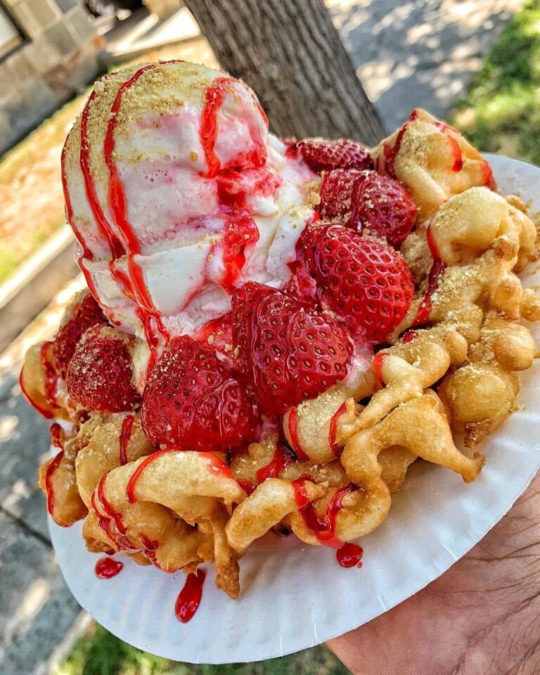 strawberry cheesecake funnel cake sundae