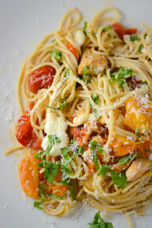 Roasted Tomato Chicken and Mozzarella Pasta