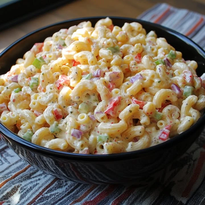 Delicious bowl of the best macaroni salad with colorful vegetables.