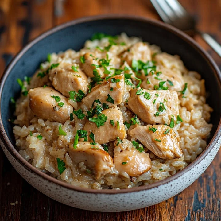Delicious Chicken and Rice served in a comforting home-cooked style.