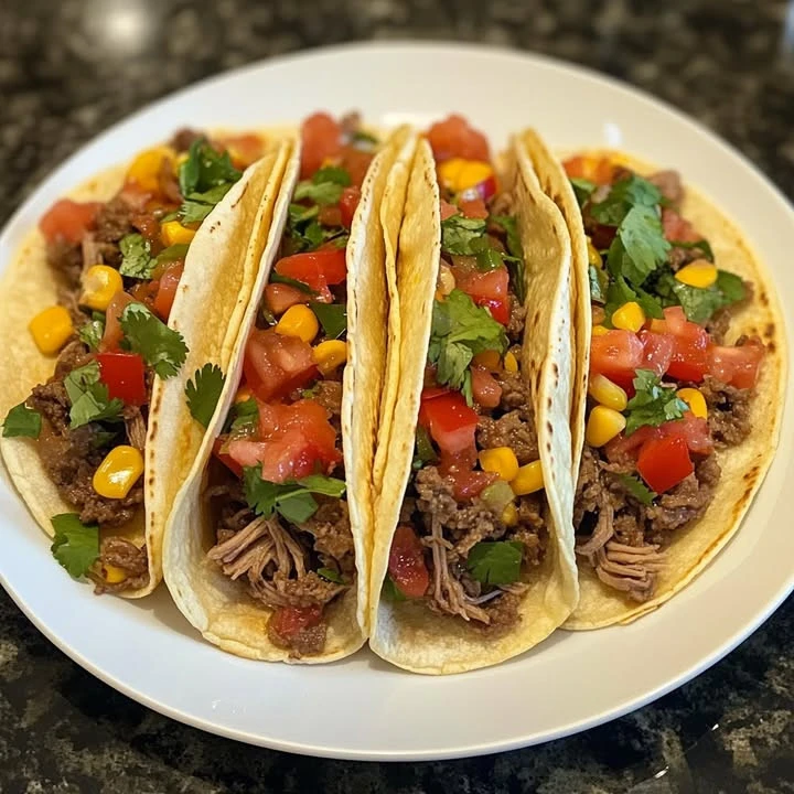 Homemade corn tortilla tacos filled with shredded beef on a plate