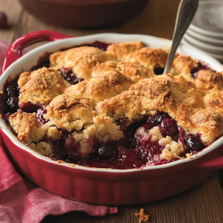 Delicious old-fashioned cobbler dessert served in a rustic setting
