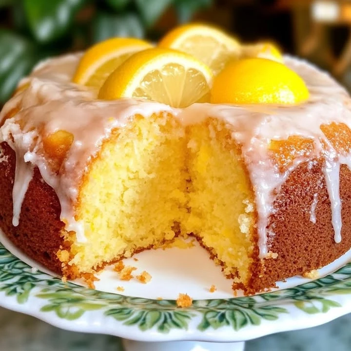 A slice of homemade lemon cake with fresh lemon slices on the side.