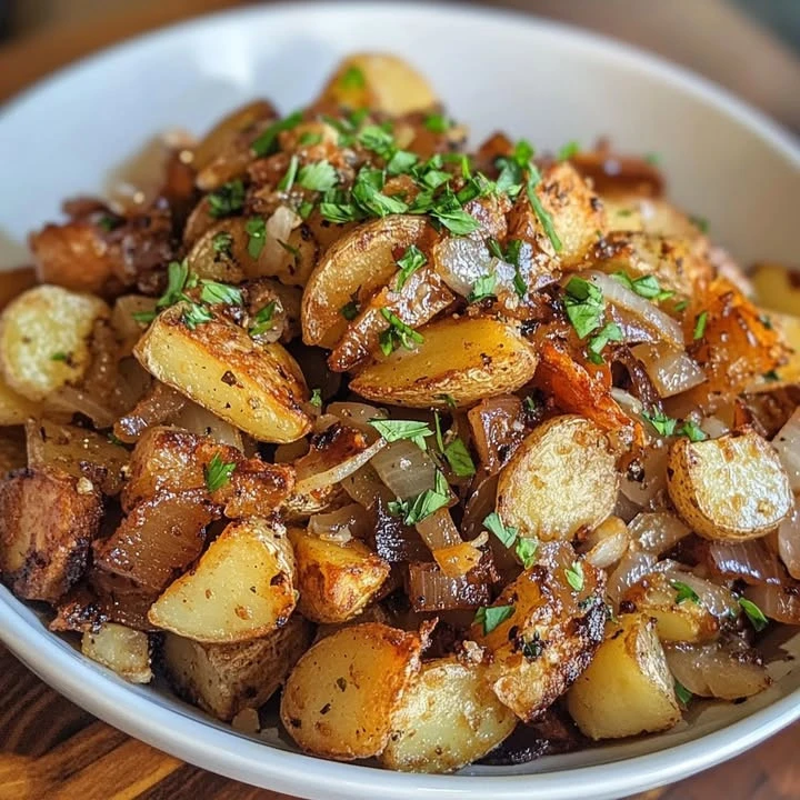 Crispy oven fried potatoes and onions served in a bowl