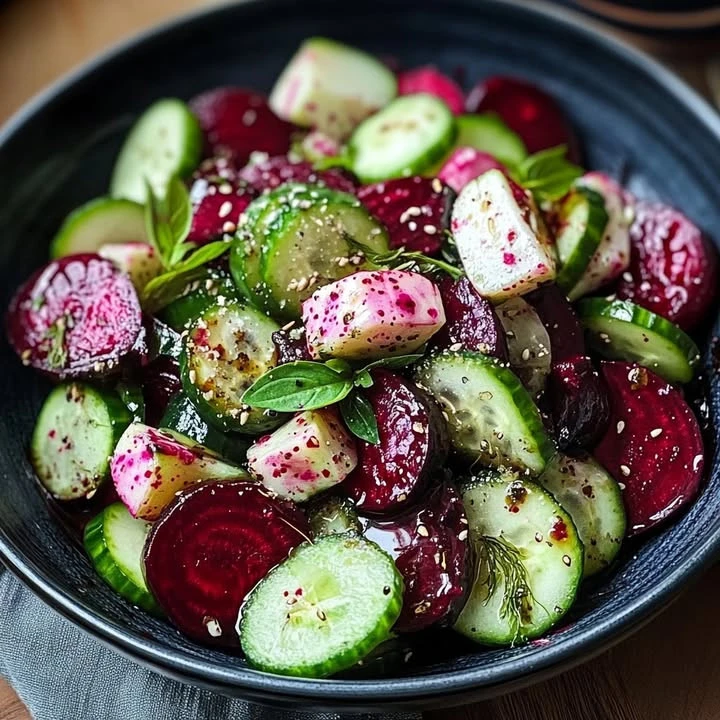 Refreshing cucumber and roasted beetroot salad in a colorful bowl.