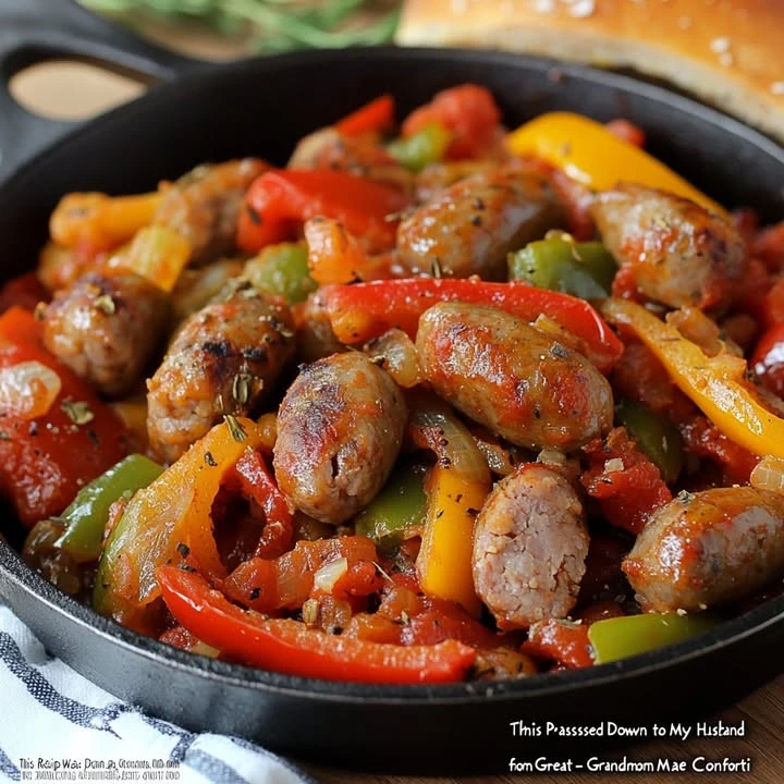 Delicious sausage and peppers dish served on a plate with fresh herbs