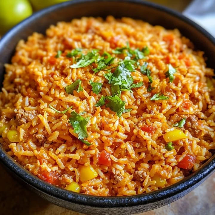 Delicious bowl of freshly cooked Spanish Rice garnished with herbs.