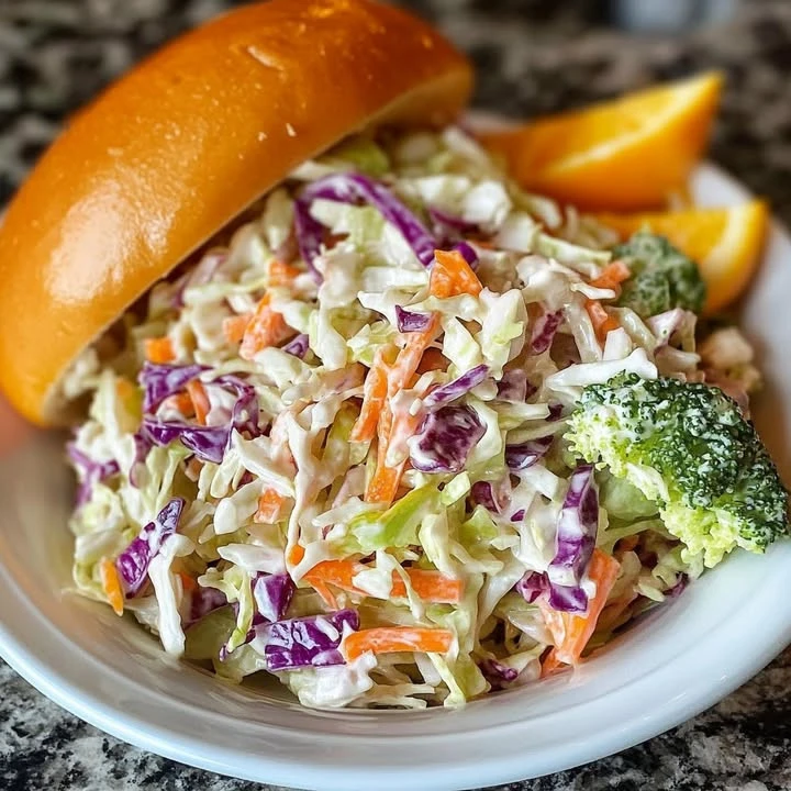 Bowl of the best coleslaw ever with creamy dressing and fresh vegetables