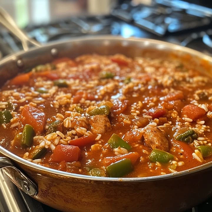 Delicious bowl of jambalaya featuring shrimp, sausage, and rice garnished with herbs.