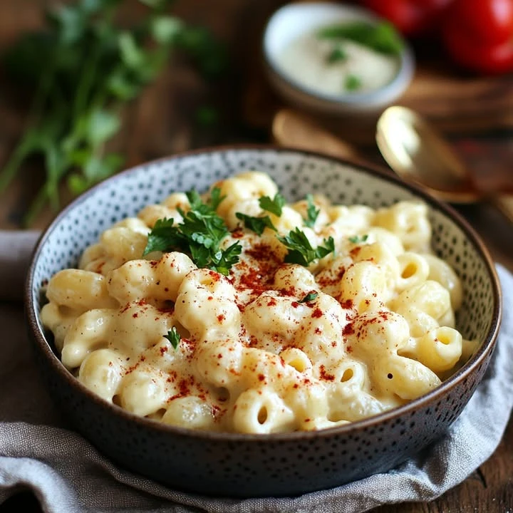 A delicious bowl of the creamiest mac & cheese topped with breadcrumbs.