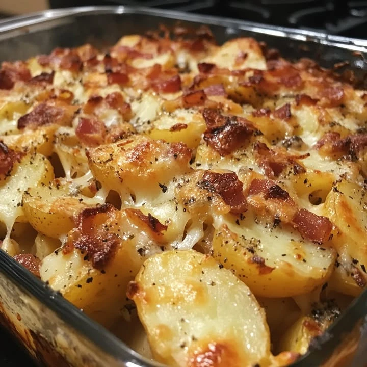 Delicious ultimate potato bake topped with cheese and herbs