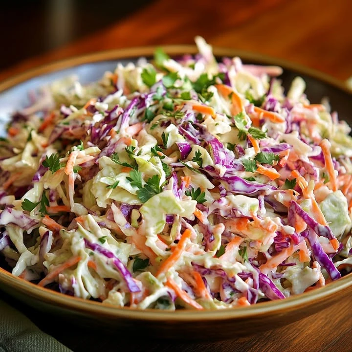 Bowl of unexpectedly good coleslaw with vibrant vegetables and dressing
