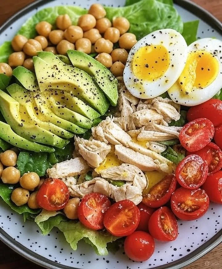 Avocado Chickpea Chicken Salad with Boiled Eggs served in a bowl