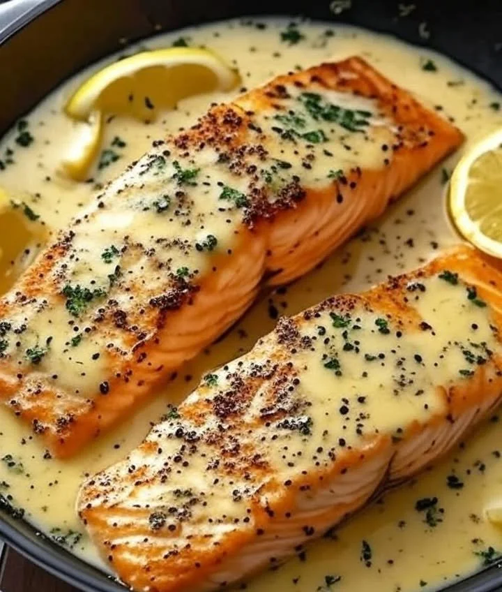 Baked salmon fillet topped with creamy lemon garlic sauce on a plate