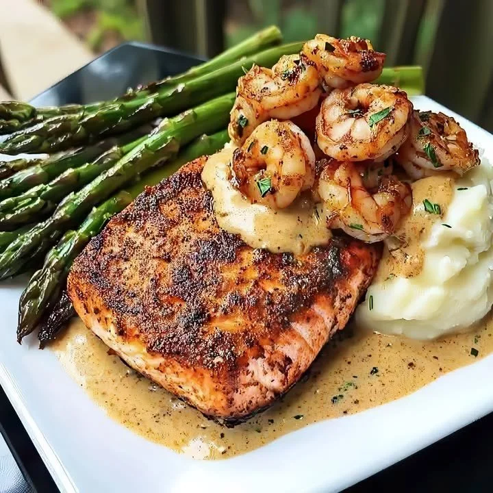 Plate of blackened salmon with shrimp cream sauce garnished with herbs