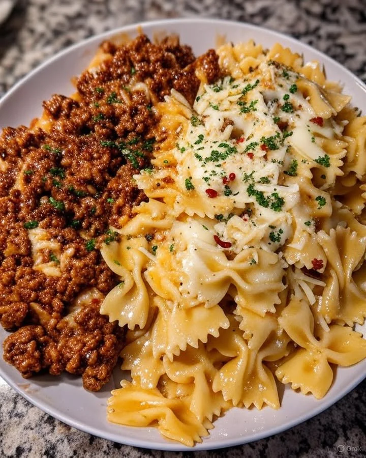 Cheesy Bowtie Pasta with Cajun ground beef in garlic cream sauce
