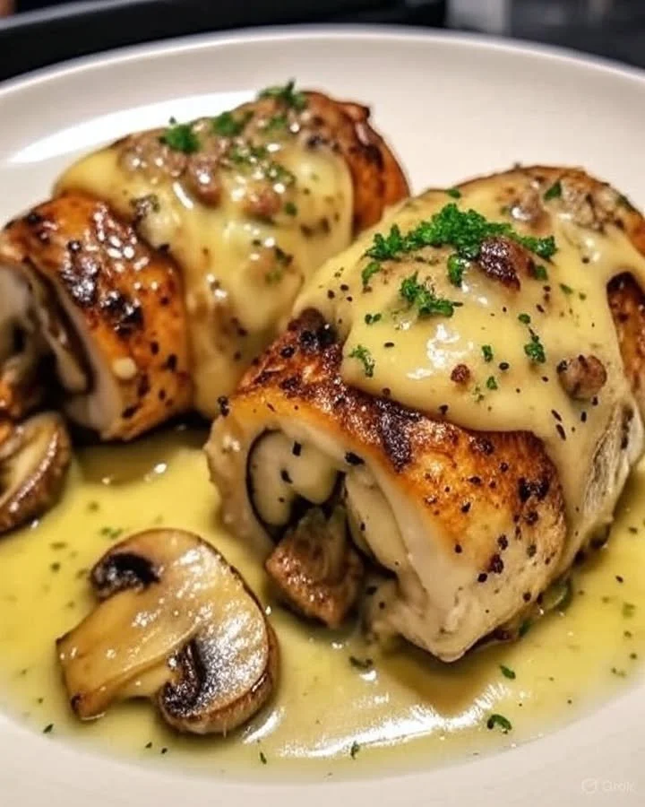 Cheesy garlic butter mushroom stuffed chicken on a plate garnished with herbs
