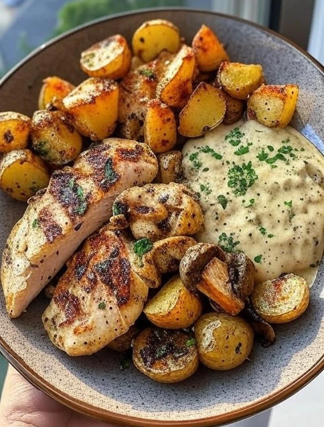 Delicious Chestnut Garlic Chicken Alfredo with Sage Parmesan Potatoes and Mushroom Cream