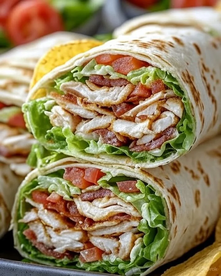Delicious Chicken Bacon Ranch Wraps served on a plate with fresh ingredients.