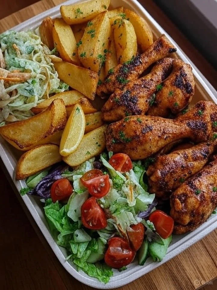 Delicious chicken drumsticks with potato wedges, Greek salad, and coleslaw