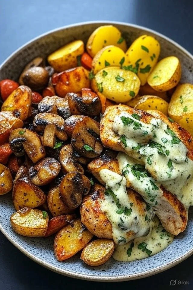 Coconut Basil Garlic Chicken Stir-Fry Bowl with Parmesan Crispy Potatoes and Mushroom Alfredo