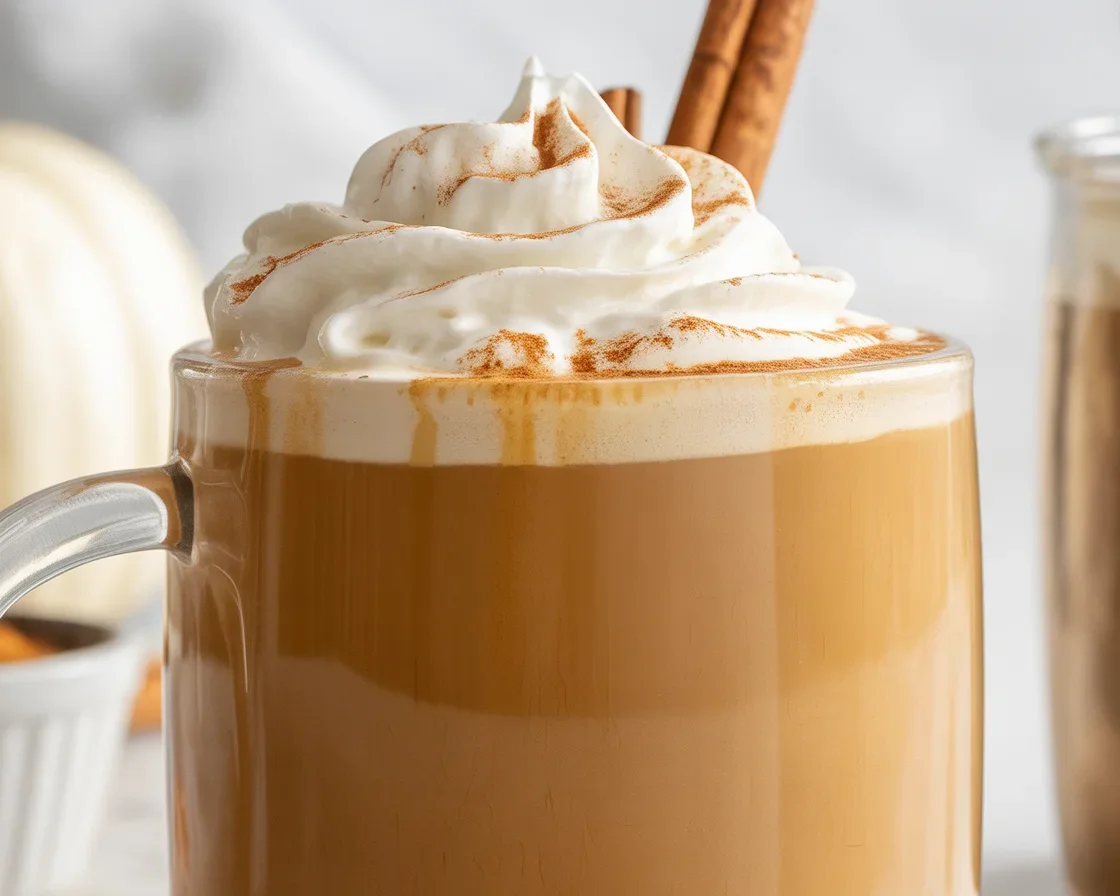 Homemade Pumpkin Spice Latte with pumpkin puree, spices, and whipped cream.