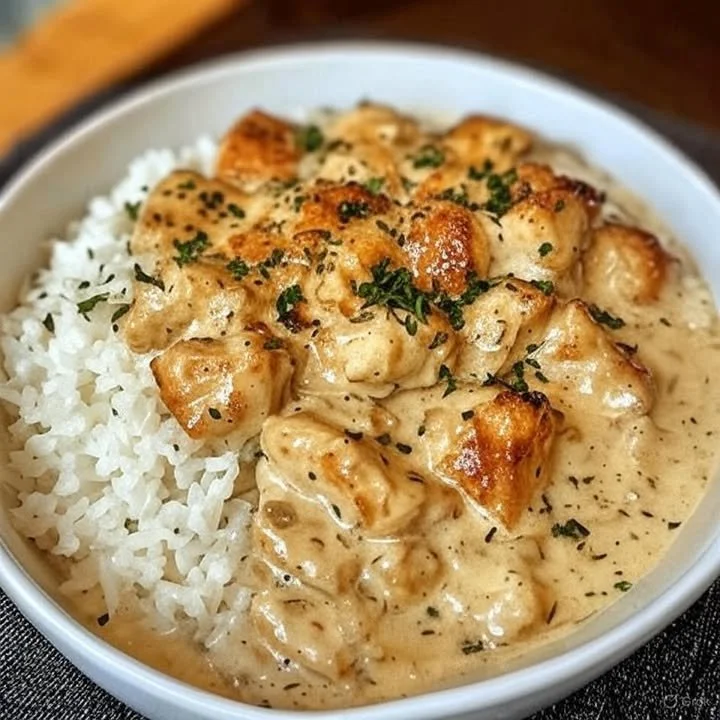 Creamy chicken and rice dish served on a plate with garnishes