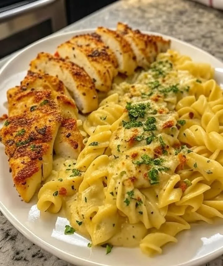 Creamy garlic parmesan chicken served with cheesy twisted pasta on a plate