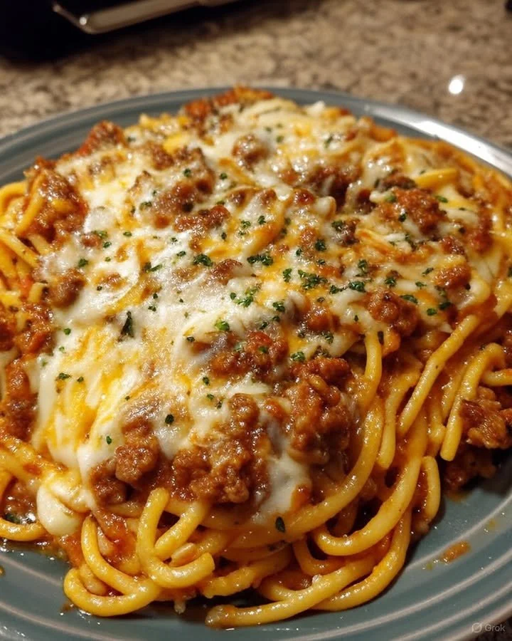 Creamy Velveeta spaghetti with Italian beef marinara gracing a dinner plate