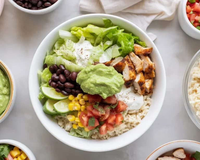 Homemade Copycat Chipotle Bowl with chicken, rice, and fresh toppings