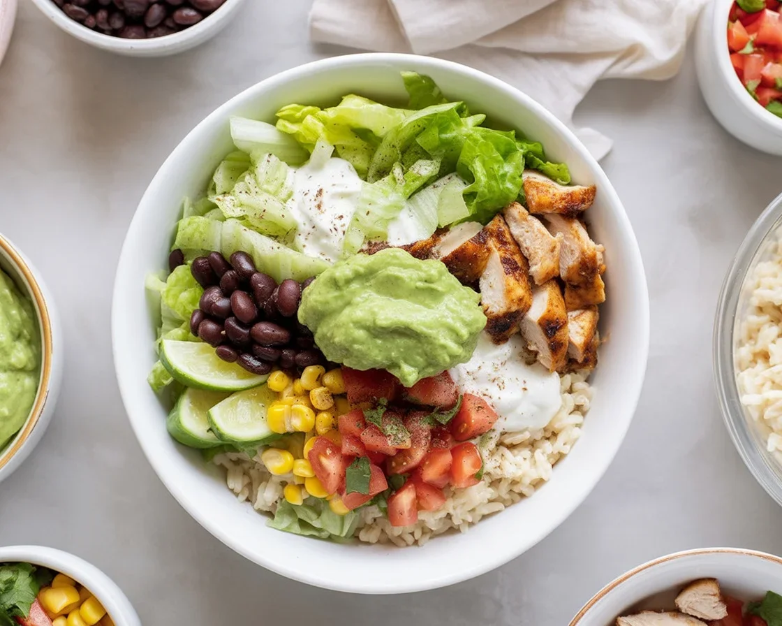 Homemade Copycat Chipotle Bowl with chicken, rice, and fresh toppings