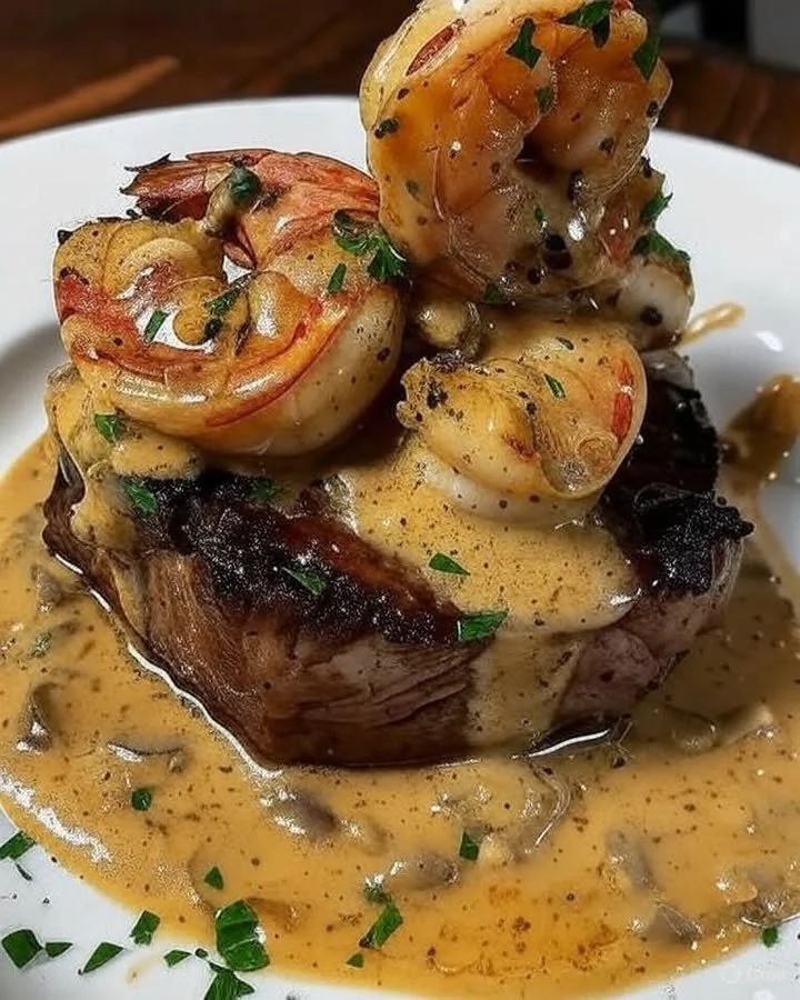 Delicious filet mignon topped with shrimp and creamy lobster sauce.