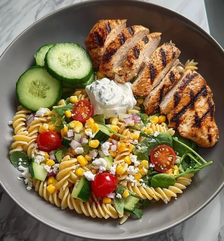 Grilled chicken pasta bowl topped with creamy herb yogurt dressing