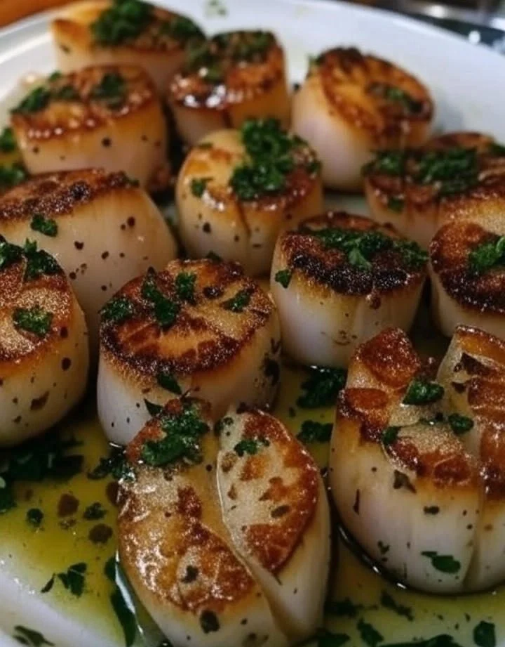 Garlic butter baked scallops served in a dish, topped with herbs.