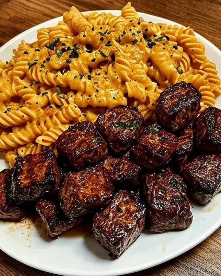 Delicious garlic butter steak bites served with spicy Cajun alfredo pasta.
