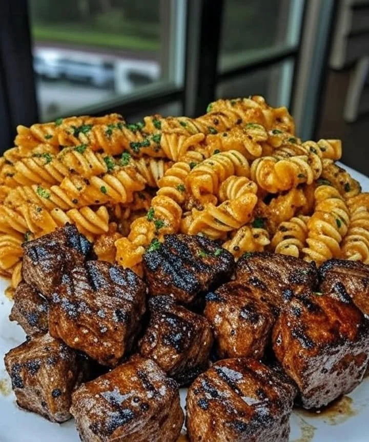 Delicious Garlic Butter Steak Bites served with spicy Cajun Alfredo twisted pasta