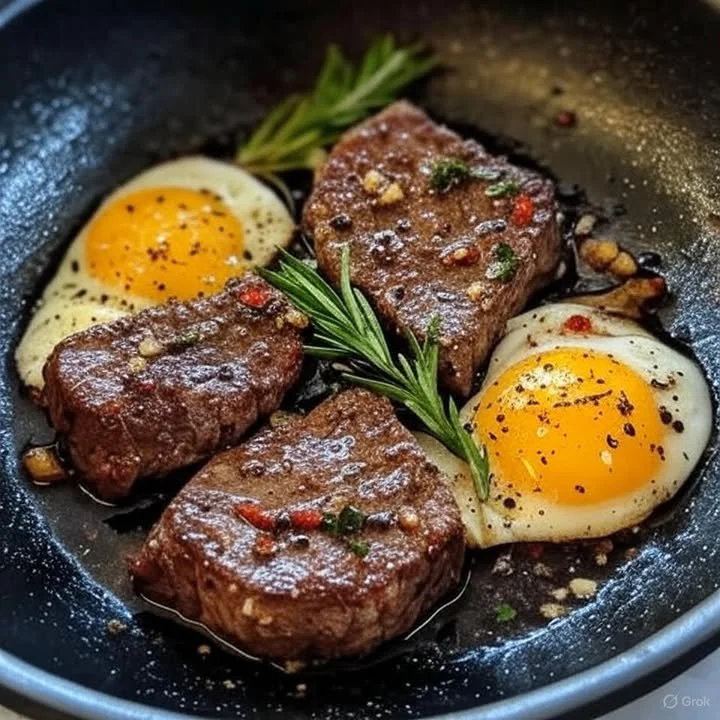 Garlic Butter Steak & Eggs Skillet served in a cast iron pan