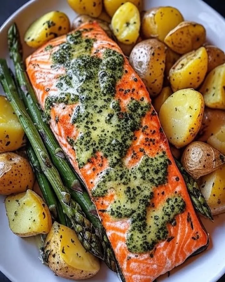 Delicious Garlic Herb Salmon with Asparagus and Potatoes on a plate