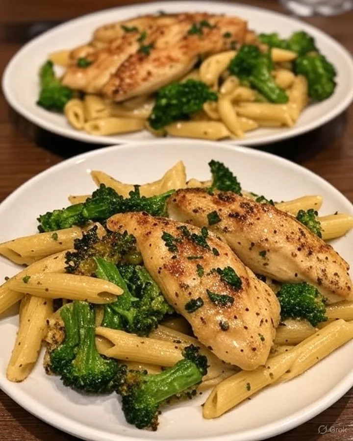 Garlic Parmesan Chicken served with Roasted Broccoli Penne pasta