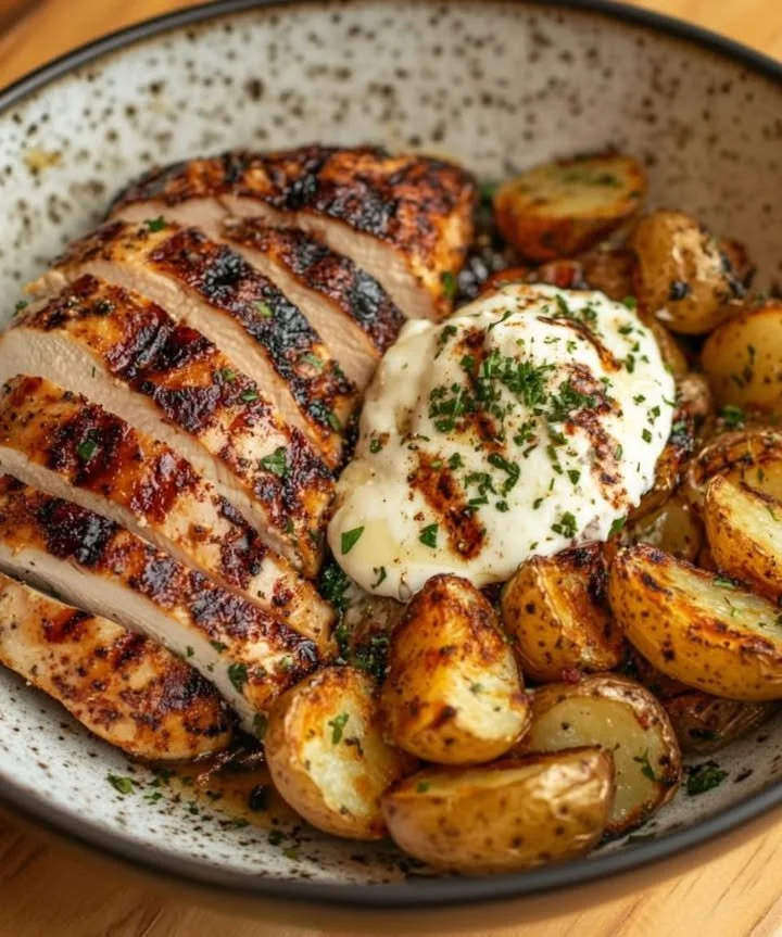 Grilled chicken dinner served on a plate with vegetables