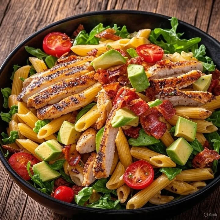 Grilled chicken, avocado, and bacon pasta salad in a bowl