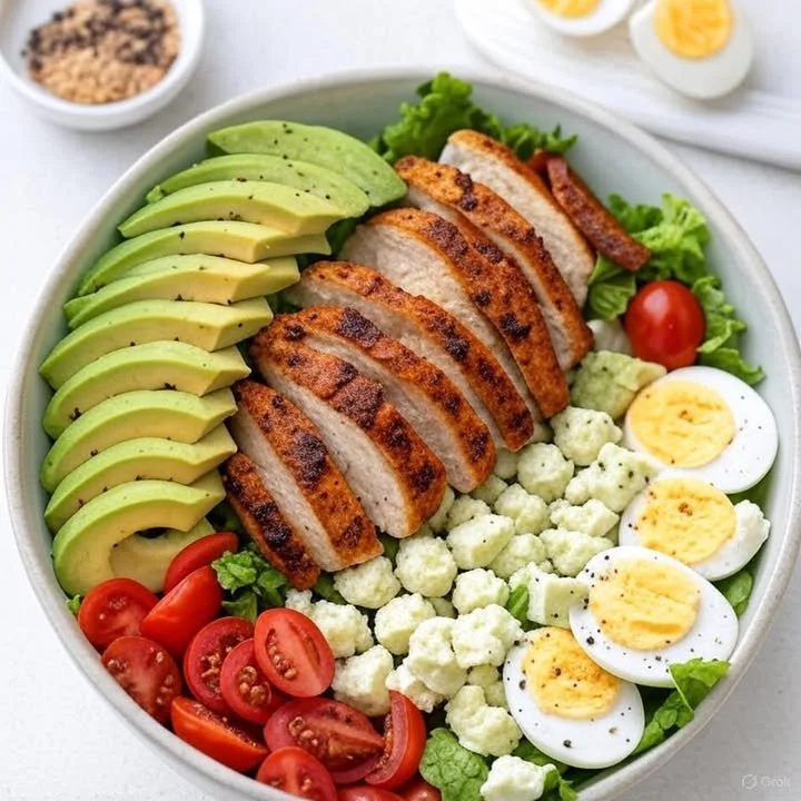 Grilled chicken avocado salad bowl with fresh greens and vibrant toppings
