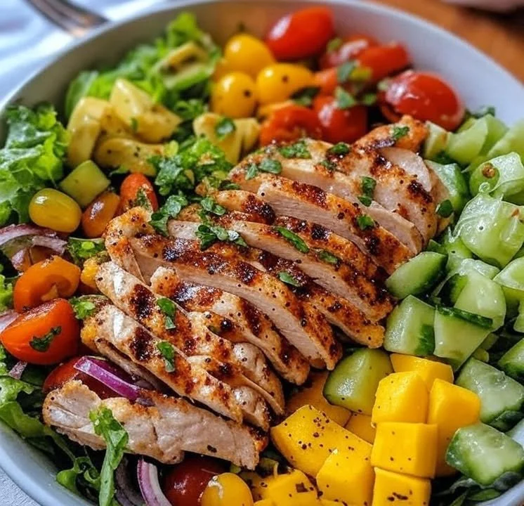 Grilled chicken salad bowl with fresh greens and colorful vegetables