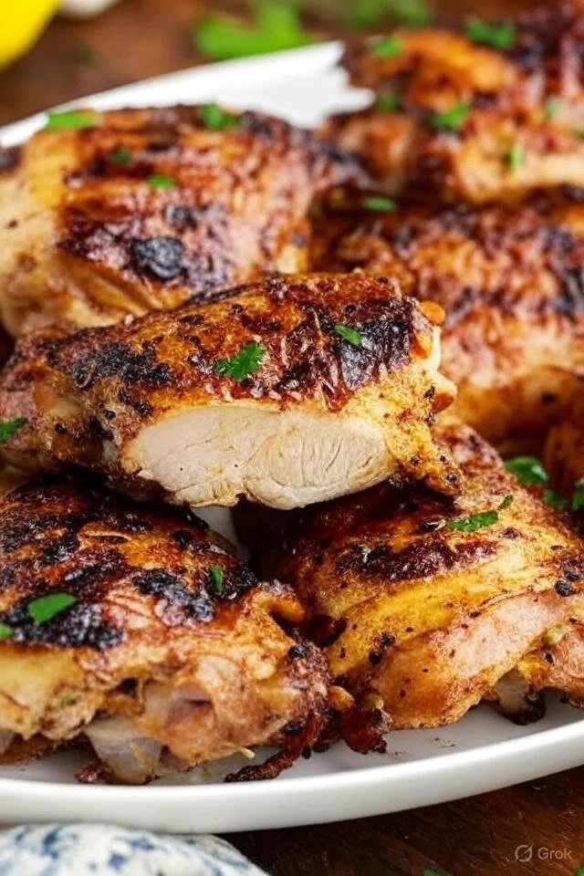 Delicious grilled lemon soy sauce chicken garnished with fresh herbs