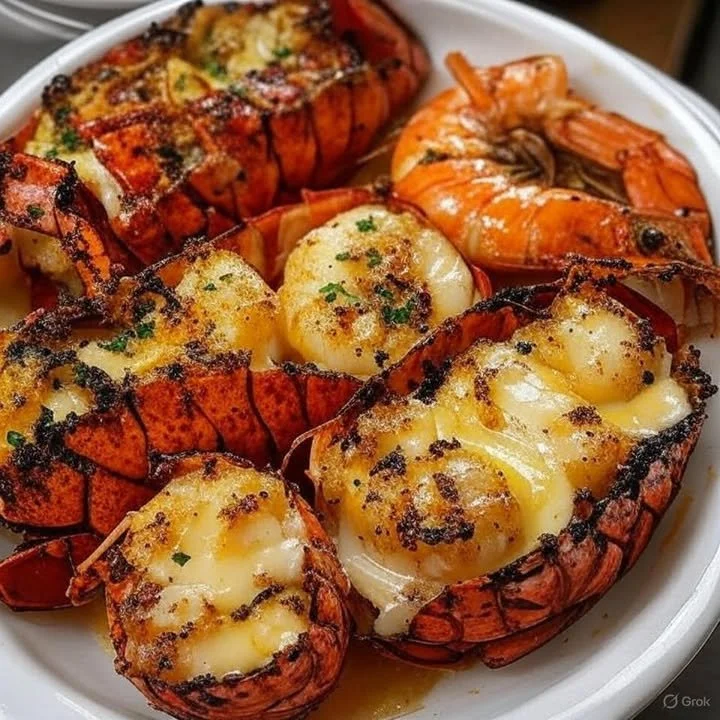 Grilled lobster tails and shrimp served with herb-butter sauce on a plate