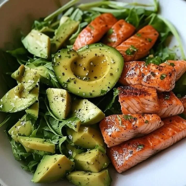 Grilled salmon avocado salad served in a bowl garnished with fresh herbs