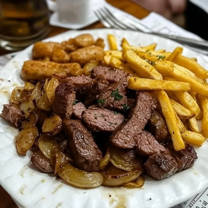 Grilled steak and sausage platter with crispy fries on a plate